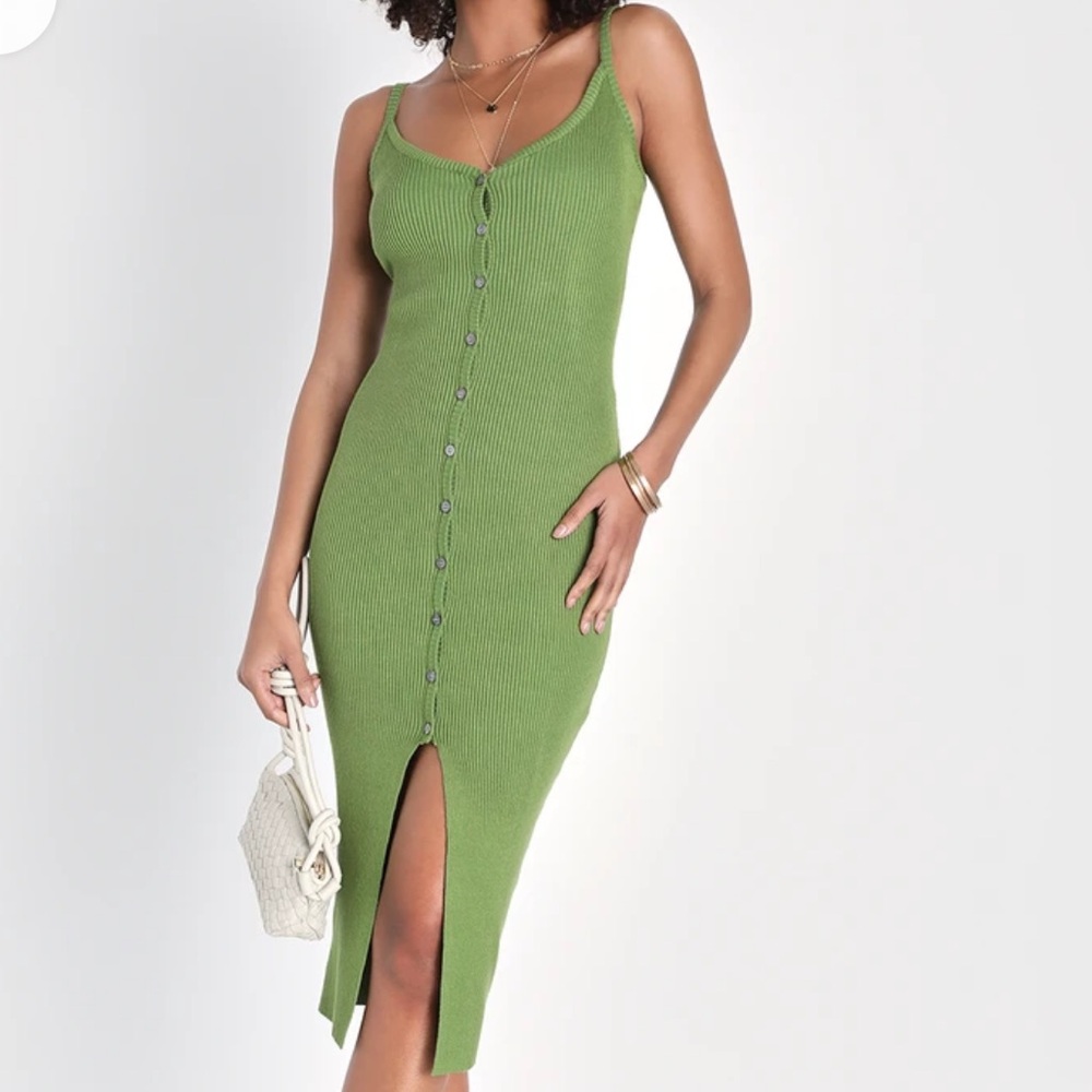 Blessed Vibes Green Ribbed Knit Button-Front Midi Dress